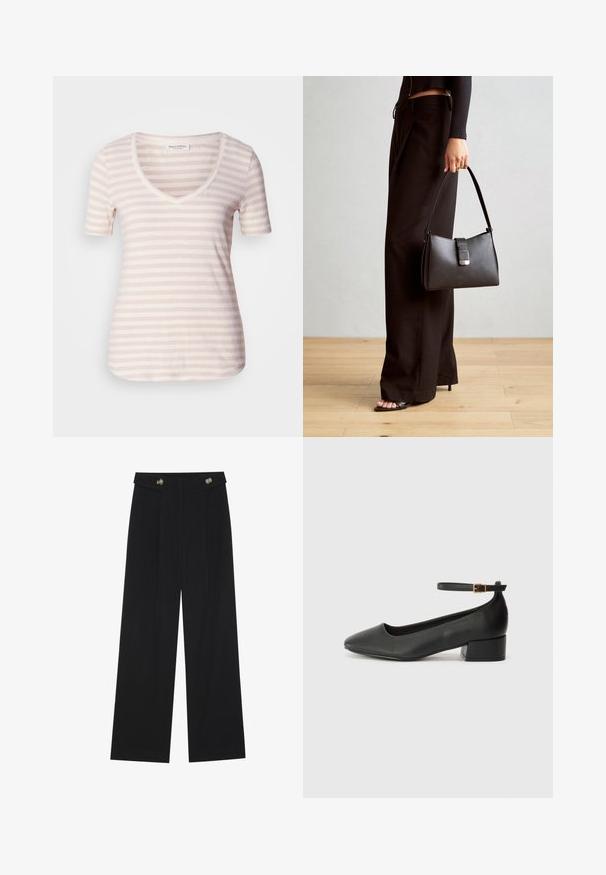 T-shirt de manga curta em bege claro com finas riscas brancas horizontais. Tecido macio com um corte descontraído e bainha arredondada.; Calças largas pretas com cintura alta, detalhes em botão na cintura e pregas frontais.; Sandal de pele preta com bico pontiagudo e um salto bloco baixo. Apresenta uma tira no tornozelo com uma fivela em tom dourado. Textura suave.; Bolsa preta com forma estruturada, textura suave e um fecho metálico. Combinada com calças largas pretas e sandálias de salto aberto sobre um chão de madeira.