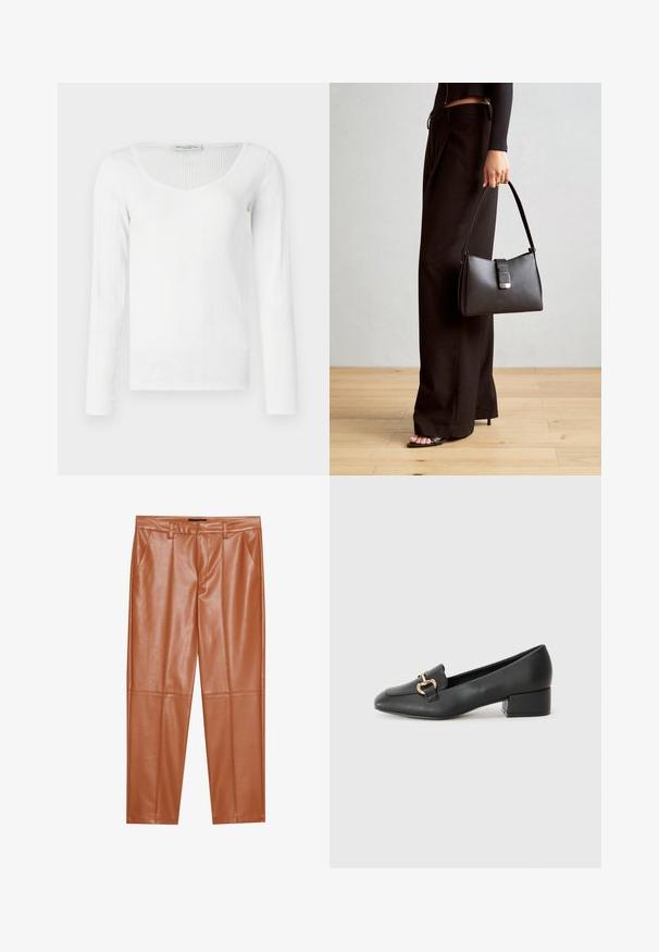 Weißes Langarmoberteil mit gerippter Textur, tiefem V-Ausschnitt und tailliertem Design. Hergestellt aus einem glatten, dehnbaren Material.; Braune Kunstlederhosen mit tailliertem Schnitt, versehen mit vorderen Falten und geraden Beinen. Glatte Textur ohne sichtbare Hardware oder Akzente.; Schwarze Lederloafers mit flachem Absatz, die auf der Vorderseite ein dekoratives goldfarbenes Hardware-Detail und eine glatte Textur aufweisen.; Schwarze Handtasche mit strukturierter Form, glatter Textur und einem metallischen Verschluss. Kombiniert mit weiten schwarzen Hosen und offenen Sandalen auf einem Holzboden.