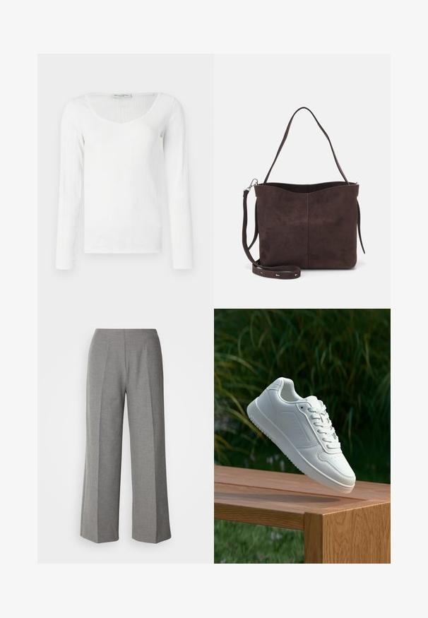 Biely dlhý rukáv top s ribovanou textúrou, so hlbokým výstrihom do V a priliehavým strihom. Vyrobený z hladkého, elastického materiálu.; Sivé upravené nohavice s voľným strihom a hladkou textúrou, s plochým predným dielom a ostrými skladmi na každej nohe.; Biele tenisky s hladkým syntetickým zvrškom, perforovanou špičkou, plochými šnúrkami a textúrovanou podrážkou, vystavené na drevenej ploche.; Hnedá semišová taška s mäkkou textúrou, vybavená jedným ramenným popruhom a jemne zakriveným horným otvorom. Bez viditeľných hardvérových detailov.