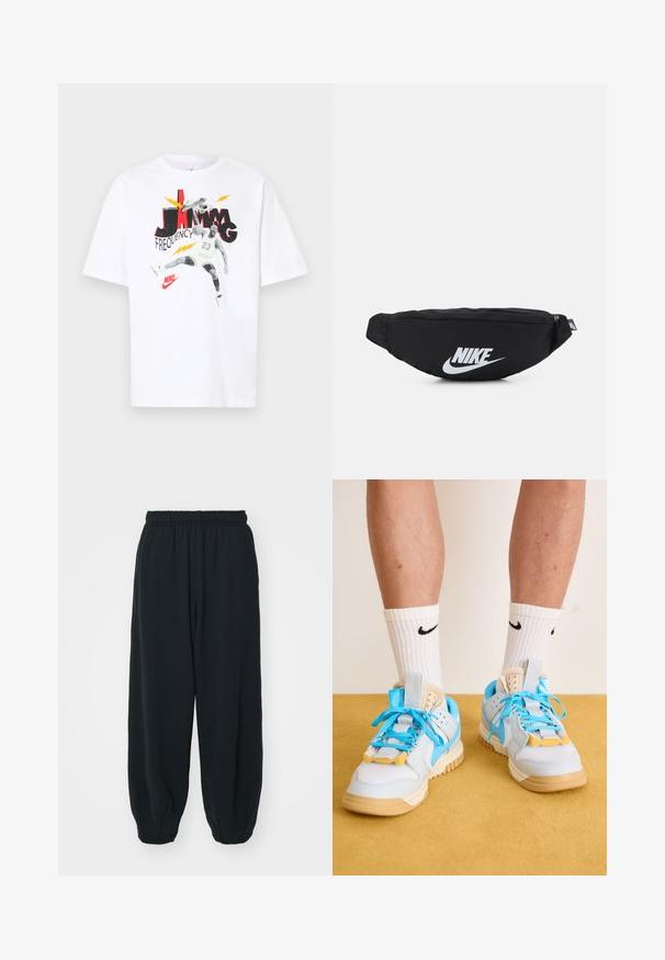 Λευκή βαμβακερή μπλούζα με γραφικό ενός καλαθοσφαιριστή που πηδάει για να κάνει κάρφωμα. Το κείμενο περιλαμβάνει "JAMMING FREQUENCY" με έντονα κόκκινα και μαύρα γράμματα.; Μαύρες, φόρμες με ελαστική μέση και χαλαρή εφαρμογή, με ρεβέρ στους αστραγάλους, λεία υφή και χωρίς ορατά μοτίβα ή αξεσουάρ.; Ανοιχτό μπλε αθλητικά παπούτσια με καφέ σόλες, με έντονες τιρκουάζ κορδόνες και κίτρινες λεπτομέρειες. Υφασμάτινα υλικά και ορατή αερόσακος.; Μαύρη νάιλον τσάντα μέσης με κλείσιμο φερμουάρ, διαθέτει μεγάλο λευκό λογότυπο Nike. Λείος υφή και εργονομικός σχεδιασμός για άνετη χρήση.