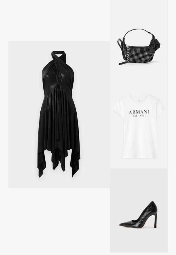 Valge puuvillane t-särk lühikeste varrukatega, millel on ees musta värvi trükitud logo "ARMANI EXCHANGE". Klassikaline ümar kaelus.; Must mustrabilecek riiet, millel on langev disain. Valmistatud läikivast materjalist, millel on keeratud kaelus ja asümmeetriline serv. Sujuv tekstuur.; Mustan teravaotsaga kõrge kontsaga king, millel on krokodillimustriga tekstuur, stiilne disain, kõrge stilettokonts ja sile must sisesisustus.; Must must have must päris omadused kobaraga nahast käekott, millel on nurgeliselt kaunistused, ketiraam ja sile nahast käepide, ümmargune kuju ja tõmblukuga tasku.