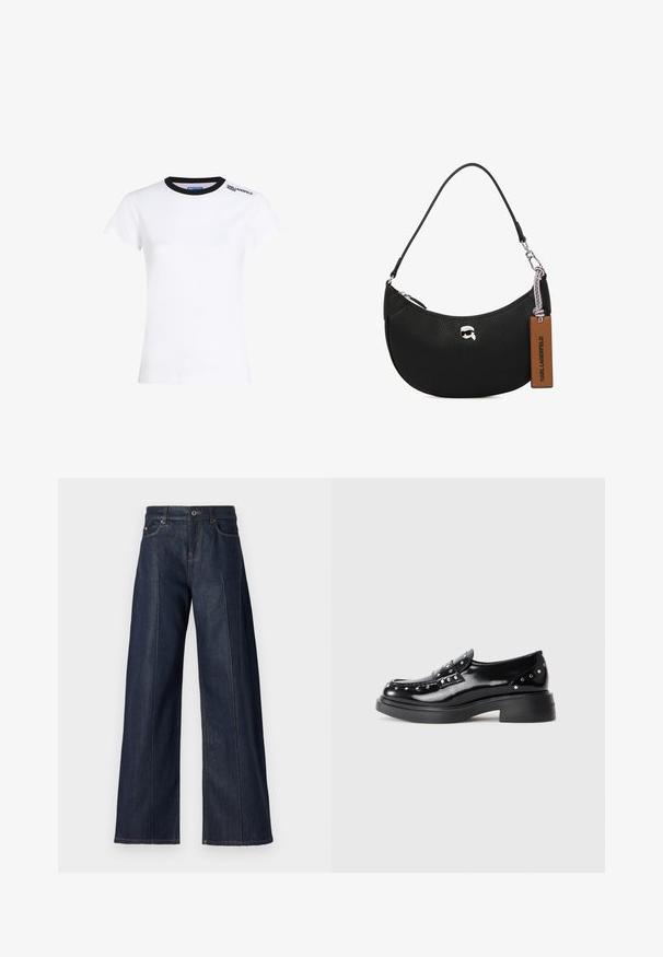 Camiseta blanca de algodón con manga corta, cuello de canalé negro y logotipo de texto negro en el hombro izquierdo. Corte clásico, textura suave.; Pantalones de mezclilla de pierna ancha en azul oscuro con una textura suave, que cuentan con cinco bolsillos, un botón y costuras en contraste a lo largo de las costuras.; Mocasines de charol negro con tachuelas decorativas plateadas, punta redonda, tacón bajo y textura suave y brillante.; Bolso de mano de cuero negro con textura granulada, forma curvada, cierre superior con cremallera, herrajes plateados y una etiqueta marrón. Presenta un acento con el logotipo.