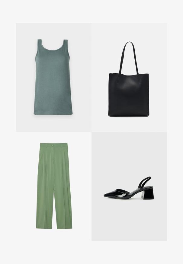 Halk zöld színű ujjatlan felső, sima, könnyű anyagból készült. Kerek nyakkivágással és széles vállpántokkal rendelkezik.; Zöld, bő szárú nadrág sima anyagból. Elöl pliszék, egy gombos zárás és övbújtatók találhatók rajta.; Fekete lakk bőr szandálkés magas sarkú cipő, hegyes orral és geometrikus tömbsarkakkal. Karcsú, minimalista dizájn és sima textúra jellemzi.; Fekete bőrtáska sima felszínnel, téglalap alakú, két hosszú füllel. Nincs látható fémkiegészítő vagy díszítés.