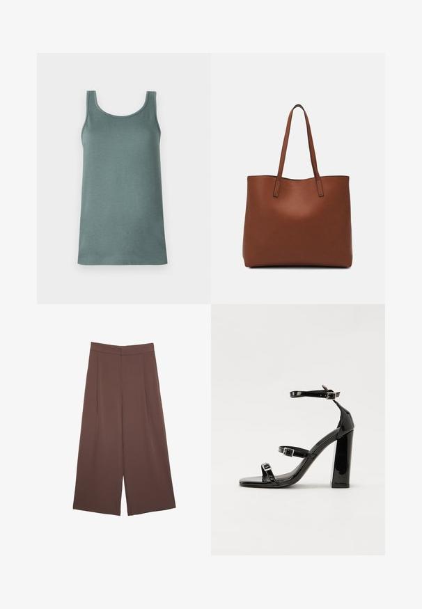 Majica brez rokavov v mirni zeleni barvi, izdelana iz gladkega in lahkega blaga. Ima okroglo ovratnico in široke naramnice.; Rjave široke hlače z gladko teksturo, ki imajo visok pas in sprednje naborke. Tkanina je lahka in prosto pada.; Črne lakirane sandale s peto, kvadratnim prstom, trakovi okrog gležnja in srebrnimi zaponkami. Opremljene so s stabilno Debelo peto.; Rjava usnjena torba z gladko teksturo, odprto zasnovo zgoraj in dvema naramnima trakovoma. Opremljena je z minimalnim šivanjem in brez vidnih kovinskih delov.