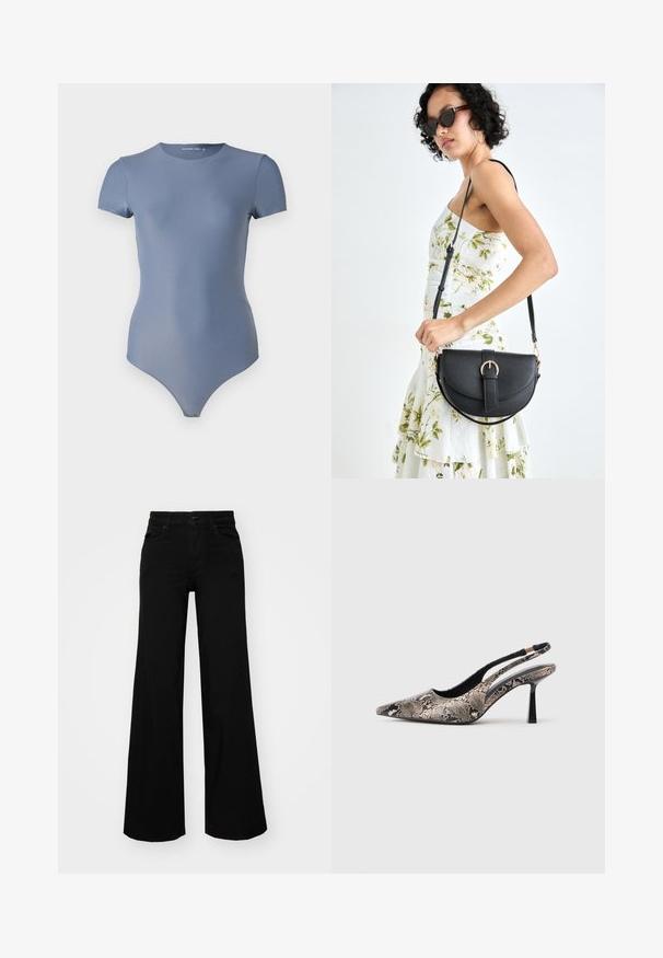Body à manches courtes en tissu bleu clair. Présente un col rond et un design ajusté avec une fermeture à pression en bas. Texture lisse.; Pantalons large en denim noir, dotés d'une taille structurée, de passants de ceinture et de poches avant. Texture lisse avec un design classique.; Chaussures slingback à bout pointu en matériau à imprimé serpent texturé, avec un talon noir fin et un design découpé sur les côtés.; Sac à main en cuir noir avec une forme courbée, bandoulière amovible et des accessoires en or. Le sac est doté d'un rabat avec un détail de boucle.