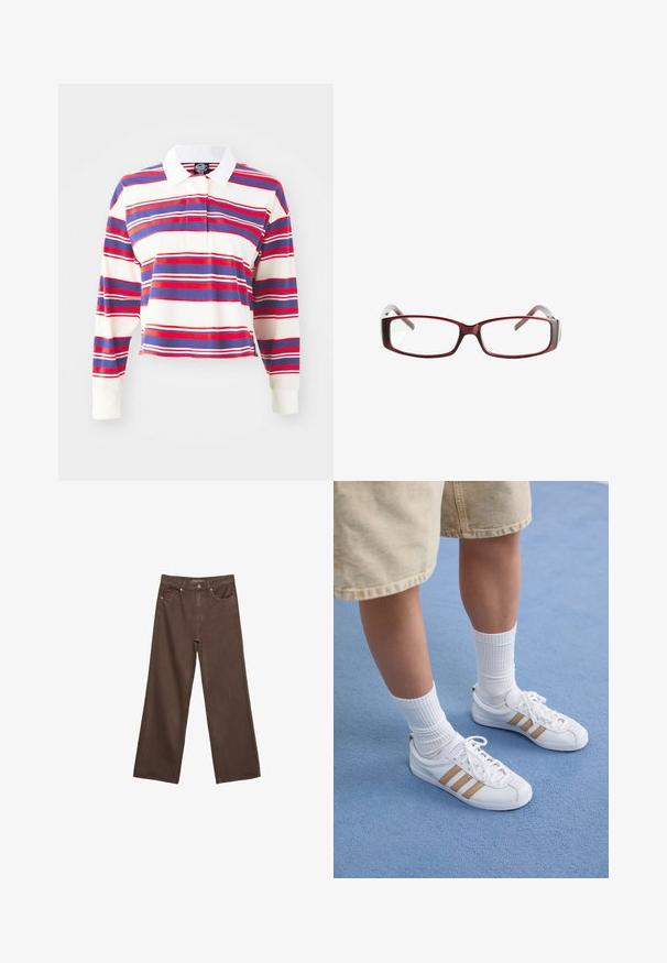Långärmad polo i gräddfärgad med horisontella ränder i blått, rött och vitt. Har en vit krage och kortad design. Mjuk tyg.; Breda bruna jeans i denim med hög midja, framfickor och klassisk knäppning. Slät textur med subtil sömnad.; Vita sneakers med tre guldstrimlor, snörningsdesign, gummisula, bärs med ribbade vita strumpor och beige shorts på en blå yta.; Röda rektangulära glasögon med en elegant design. Klara linser, något genomskinliga skalmar och en gradienteffekt från röd till grå.