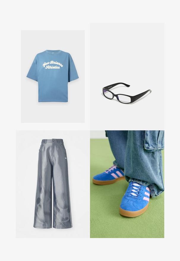 Camiseta de algodón azul con un corte holgado, que cuenta con mangas cortas y un cuello redondo. Logo blanco de "New Balance Athletics" impreso en el centro.; Pantalones de pierna ancha en material gris brillante, con rayas laterales blancas y un patrón de llamas en la parte inferior de las piernas. Cierre con botón y cremallera en la cintura.; Zapatos de gamuza azul con rayas rosas y cordones blancos, con una suela de goma, combinados con pantalones denim holgados sobre una superficie verde.; Gafas rectangulares negras con lentes transparentes. Acabado brillante, varillas estrechas y tinte púrpura visible en los bordes de los lentes.