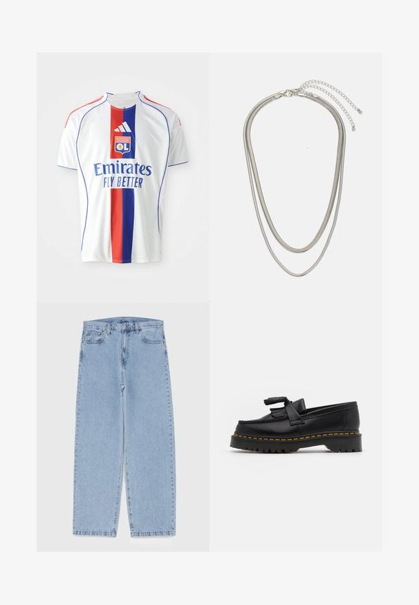 Baltas futbolo marškinėliai su raudonais ir mėlynais vertikaliais dryžiais, apvaliu iškirpimu, Adidas logotipu ir tekstu "Emirates Fly Better". Struktūrizuota medžiaga.; Šviesiai mėlyni džinsai su tiesiomis kojomis, turintys vidutinio aukščio juosmenį, penkias kišenes ir mygtuko bei užtrauktuko uždarymą.; Juodas odinis loaferis su kutais, turintis masyvų juodą pado ir geltonus siūlus palei kraštą. Textūruota danga.; Trijų sluoksnių sidabrinė metalinė apyrankė, kuri pasižymi stilingomis, lankstosiomis grandinėlėmis su švelniu blizgesiu, užsegama krabų užsegimu ir reguliuojama grandinė.