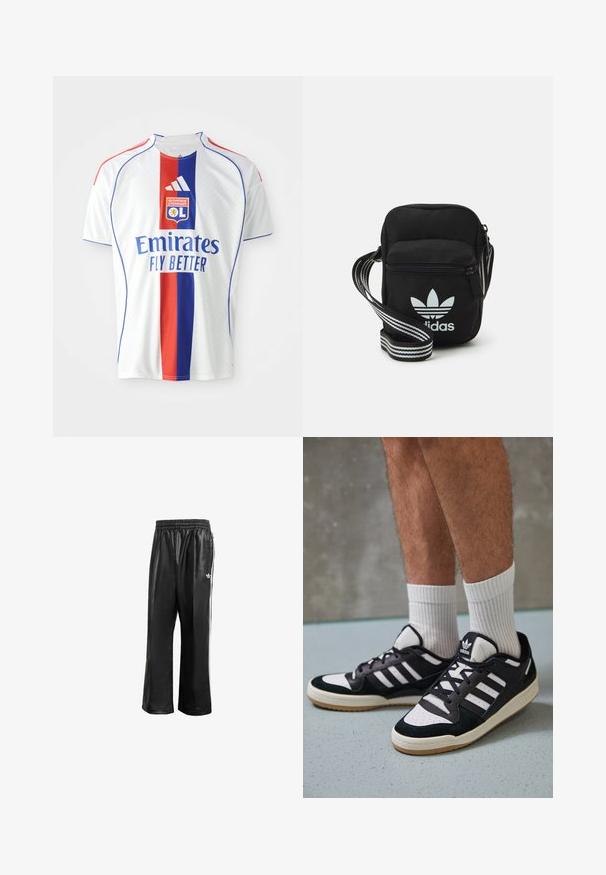 Valkoinen jalkapalloilupaita, jossa on punaiset ja siniset pystysuorat raidat, pyöreä kaula-aukko, Adidas-logo ja "Emirates Fly Better" -teksti. Teksturoitu materiaali.; Mustat synteettiset juoksuhousut, joissa on joustava vyötärö, valkoiset sivusuunnassa olevat raidat ja pieni valkoinen logo vasemmassa lantiossa.; Valkoiset ja mustat tennarit, joissa on mokkanahka- ja nahkapäällinen, kolme valkoista raitaa, rei'itetty kärki ja kumipohja.; Musta kangas olkalaukku vetoketjulla, jossa on valkoinen Adidas-logo ja raidallinen säädettävä hihna helppoa kantamista varten.
