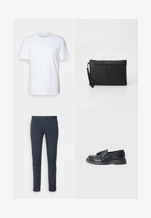 Camiseta blanca de manga corta hecha de algodón. Presenta un cuello redondo y un pequeño logo bordado en el lado izquierdo del pecho.; Chinos azul marino hechos de algodón ligero, con un corte recto, cierre de botón y bolsillos delanteros. Textura suave con un mínimo de detalles.; Mocasines de cuero negro con punta redondeada, una correa con borlas y una suela gruesa con un patrón de relieve. Textura suave y diseño clásico.; Clutch sintético negro con cierre de cremallera, asa para la muñeca y textura suave. Presenta costuras sutiles y un logo estampado en la parte frontal.