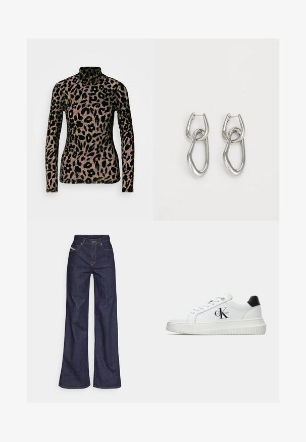 Halenka s dlouhým rukávem v leopardím vzoru v černé a béžové barvě, vyrobená z měkké, texturované tkaniny. Má vysoký výstřih a přiléhavý střih.; Tmavě modré džíny s širokým střihem vyrobené z denimové tkaniny, s vysokým pasem, oranžovým prošíváním, pěti kapsami a zapínáním na knoflík.; Bílé nízké tenisky s černým patním tabem, platformovou podrážkou, tkaničkami a logem Calvin Klein "CK" na boku.; Calvin Klein STATEMENT LINKS - Náušnice - silver-coloured