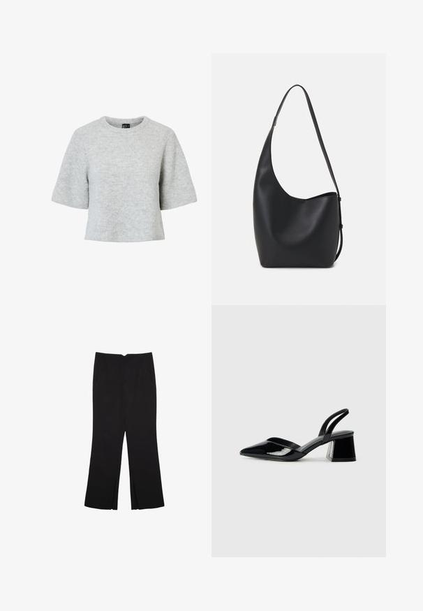 Světle šedý svetr s krátkým rukávem vyrobený z texturované pleteniny. Má kulatý výstřih a volný střih. Bez viditelného kovového vybavení nebo vzorů.; Černé kalhoty s rovným střihem, s předními kapsami a bočními rozparky na lemu. Vyrobené z jemné, hladké tkaniny. Vhodné na různé příležitosti.; Černé lakované kožené lodičky na pásku s špičatou špičkou a geometrickým blokovým podpatkem. Vyznačují se elegantním, minimalistickým designem a hladkým povrchem.; Černá kožená hobo taška s hladkým povrchem, zakřiveným tvarem a jedním nastavitelným popruhem; má široké otevírání nahoře.