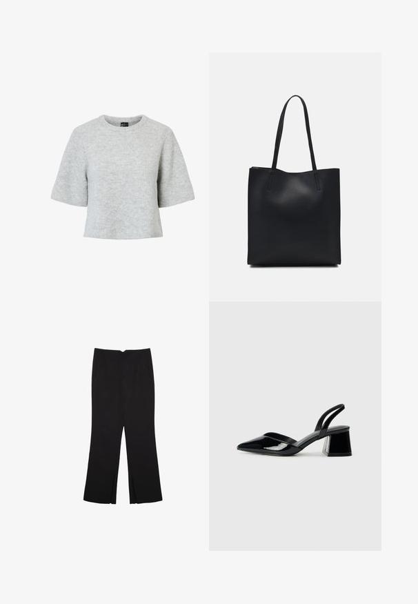 Svetri svetlo sive barve z kratkimi rokavi, izdelan iz teksturirane pletene tkanine. Ima krogu okrogel izrez in ohlapen kroj. Brez vidnih kovinskih delov ali vzorcev.; Črne hlače ravnega kroja z naglavnimi žepi in stranskimi razporki na robu. Narejene iz mehke, gladke tkanine. Primerne za različne priložnosti.; Črne lakirane slingback pete s koničastim nosom in geometrijsko blokasto peto. Imajo eleganten, minimalističen dizajn in gladko teksturo.; Črna usnjena torba s svilnato teksturo, pravokotne oblike in dvema dolgima ročajema. Brez vidnih metalnih delov ali okrasnih elementov.