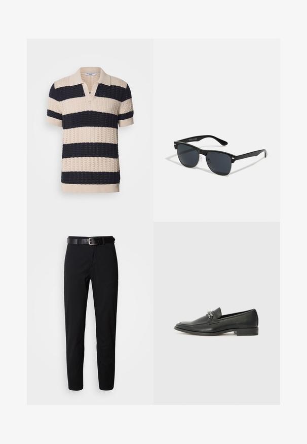 Rövid ujjú kötött polo póló bézs és tengerészkék csíkokkal, V-nyakkivágással, texturált mintával, valamint bordázott mandzsettákkal és peremmel.; Fekete, egyenes szabású nadrág sima textúrával, fekete bőr öv ezüst csattal. Egyszerű dizájn, minta vagy díszítés nélkül.; Fekete bőr loaferek sima felülettel, varrott mintával és díszítő fém lánccal a cipő elején. Lapos sarok.; Fekete napszemüveg, téglalap alakú, sötét lencsékkel, ezüst részletekkel a szárakon, és matt felülettel a kereten.