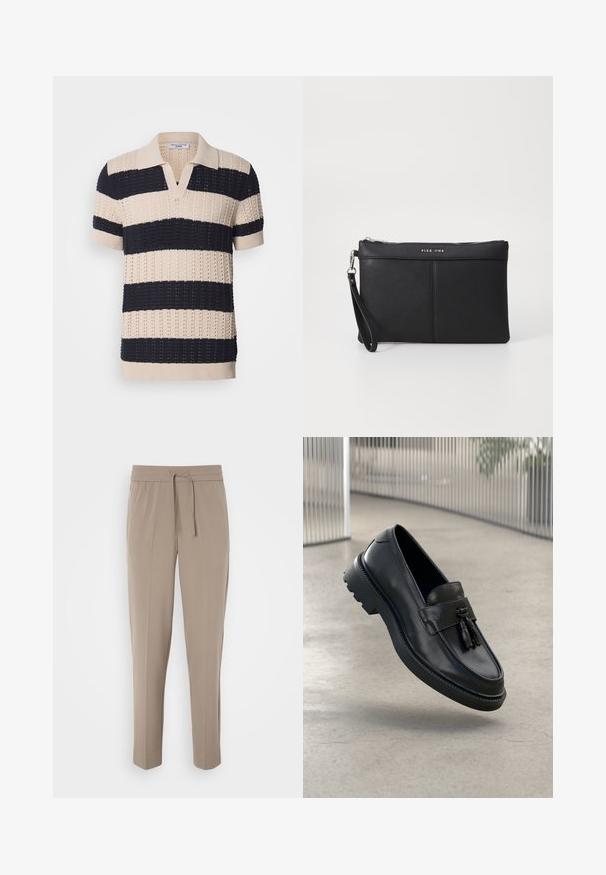 Lühikeste varrukatega kootud polo särk beežikate ja tumesiniste triipudega, millel on V-kaelus, tekstuuriline muster ning soonikseotud varrukad ja äär.; Heledad beezised püksid elastse vöökohtaga, reguleeritava paelaga ja kitsenevad sääred. Kanga pind näib sile ja kerge sära.; Mustad nahast mokassiinid, millel on sile viimistlus, dekoratiivne tutt, paks kummist tald ja õmmeldud detailid. Kerge ja voolujooneline disain.; Must musta klamber, millel on luku sulgemine, randme rihm ja sile tekstuur. Omab peent õmblust ja esiküljel on reljeefne logo.