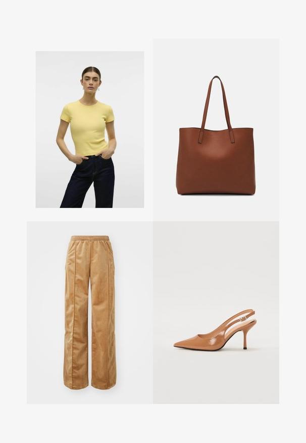 Gul stripet t-skjorte med kort ermer og rund hals, kombinert med mørk denim bukser. Enkel design, glatt tekstur.; Beige vide bukser laget av mykt, fløyelsaktig materiale. Har elastisk midje og vertikale sømmer foran for ekstra detaljer.; Spiss tå slingback hæl i et glat, glinsende brunt materiale. Har et buet utskårent design og en slank stilett hæl. Sølvspenne detalj.; Brun lær tote veske med en jevn tekstur, åpen toppdesign og to skulderstropper. Har minimal søm og ingen synlige spiker.
