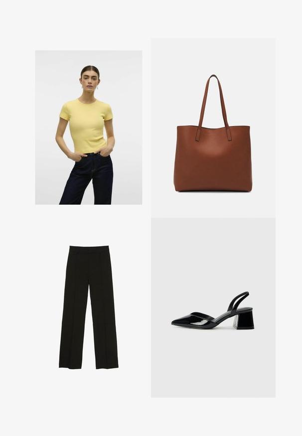 Geel geribbelde t-shirt met korte mouwen en een ronde halslijn, gecombineerd met donkere denim jeans. Eenvoudig ontwerp, gladde textuur.; Zwarte wijde pantalon gemaakt van een soepele stof, met een aansluitende tailleband en subtiele plooien aan de voorkant voor extra textuur.; Zwarte gepatineerde leren slingback hakken met een spitse neus en een geometrische blokhak. Kenmerkt zich door een slank, minimalistisch ontwerp en een gladde textuur.; Bruine leren tote bag met een gladde textuur, een ontwerp met een open bovenkant en twee schouderbanden. Kenmerkt zich door minimale stiksels en geen zichtbare hardware.