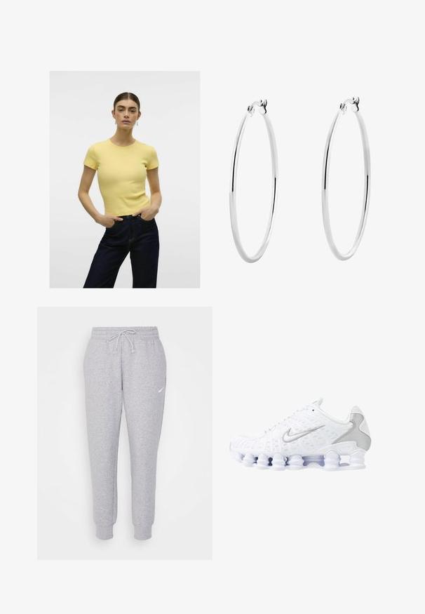 Gelbes geripptes T-Shirt mit kurzen Ärmeln und Rundhalsausschnitt, kombiniert mit dunklen Jeans. Einfaches Design, glatte Textur.; Hellgraue Sweatpants mit einem Kordelzug in der Taille, schmal zulaufenden Beinen und einem kleinen weißen Logo am linken Oberschenkel. Hergestellt aus einem weichen, strukturierten Stoff.; Weiße Sportschuhe mit einem oberen Teil aus Mesh, silbernen Akzenten und einem einzigartigen Spiralsohlendesign. Verfügt über einen gepolsterten Schaft und eine Schnürung für optimalen Halt.; Silberne Creolen mit einer glatten, polierten Oberfläche und einer dünnen, runden Form. Das Design verfügt über einen sicheren Verschluss.
