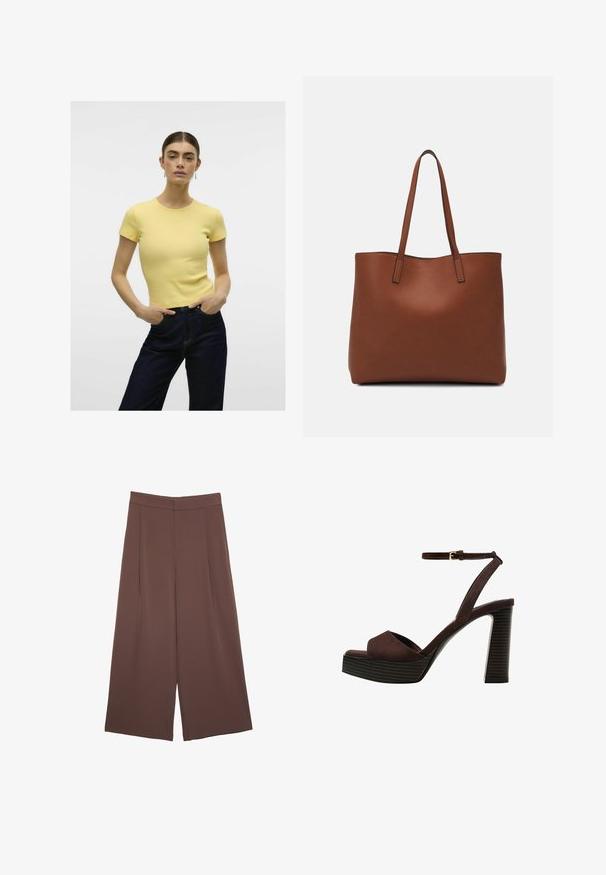 T-shirt gialla a coste con maniche corte e scollatura rotonda, abbinata a jeans in denim scuro. Design semplice, texture liscia.; Pantaloni ampi marroni con una texture liscia, caratterizzati da una vita alta e pieghe frontali. Il tessuto è leggero e scorre liberamente.; Sandal in camoscio marrone con tacco alto, punta aperta, cinturino alla caviglia regolabile e suola a piattaforma striata.; Borsa tote in pelle marrone con texture liscia, design con apertura superiore e due spallacci. Presenta cuciture minime e nessun hardware visibile.