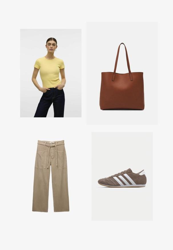 Žlté rebrované tričko s krátkymi rukávmi a okrúhlym výstrihom, spárované s tmavými džínsami. Jednoduchý dizajn, hladká textúra.; Béžové nohavice s širokými nohavicami vyrobené z odolnej textílie, s veľkými prednými vreckami, vrkočovým opaskom a diskrétnymi švovými detailmi.; Hnedé semišové športové topánky s bielymi pruhmi, okrúhly špičkový dizajn, šnurovacie zapínanie a gumená podrážka. Texturovaný zvršok s detailmi šitia.; Hnedá kožená taška na rameno s hladkou textúrou, otvoreným vrchom a dvoma ramenými popruhmi. Má minimálne šitia a žiadne viditeľné kovania.