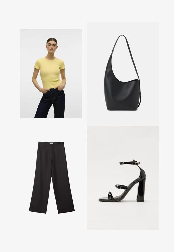 Gelbes geripptes T-Shirt mit kurzen Ärmeln und Rundhalsausschnitt, kombiniert mit dunklen Jeans. Einfaches Design, glatte Textur.; Schwarze weite Hosen aus glattem Stoff, mit einem Reißverschluss vorne und zwei seitlichen Taschen, maßgeschneiderter Passform und minimalistischem Design.; Schwarze patentierte Sandalen mit Absatz, quadratischer Spitze, Knöchelriemen und silbernen Schnallen. Mit einem stabilen Blockabsatz für mehr Stabilität.; Schwarze Leder-Hobo-Tasche mit einer glatten Textur, geschwungener Form und einem einzelnen verstellbaren Tragegurt; verfügt über eine weite Öffnung am oberen Ende.
