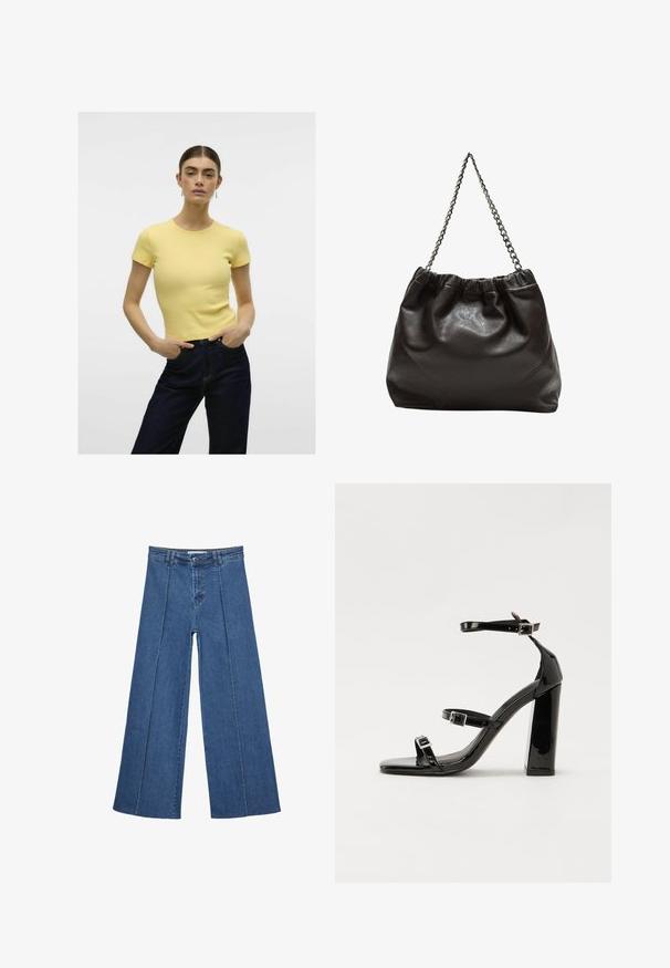 Żółta koszulka z krótkim rękawem i okrągłym dekoltem, zestawiona z ciemnoniebieskimi dżinsami. Prosty krój, gładka faktura.; Jeans typu wide-leg w średnim niebieskim kolorze, z wysokim stanem, zapięciem na guziki oraz kontrastowymi szwami pionowymi z przodu.; Czarne lakierowane sandały na obcasie z kwadratowym noskiem, z paskami wokół kostki i srebrnymi klamrami. Posiadają masywny słupek dla stabilności.; Brązowa skórzana torba z marszczonym szczytem i łańcuszkowym paskiem. Gładka tekstura z błyszczącym wykończeniem i subtelnymi detalami szwów po bokach.