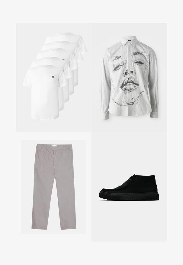 Baltos medvilnės marškinėliai su apvalia kaklo linija, trumpomis rankovėmis ir mažąja juoda emblema krūtinėje. Penki marškiniai išdėstyti sluoksniuotoje aranžuotėje.; Dryžuota ilgomis rankovėmis marškinėliai su monochromine veido iliustracija priekyje. Audinys lygus, su klasikiniu apykakle ir sagų detalėmis.; Šviesiai pilki medvilniniai treningai su elastinga juosta, dviem šoninėmis kišenėmis, tiesia kojų forma ir glotnia tekstūra. Paprasti siuvimo detalės.; Juodi čiurniniai batai, pagaminti iš minkštos medžiagos, su apvalia nosimi, minimaliais raišteliais ir tekstūruotu guminio pado, turinčiu vertikalių griovelių.