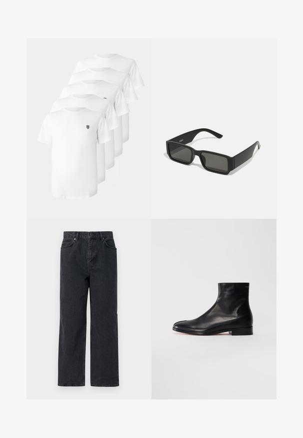 Valged puuvillased T-särgid ümarate kraede, lühikeste varrukate ja väikese musta embleemiga rinnal. Viis särki on kuvatud kuhjatult.; Tumed sinised denimbüksid laia jala, viie tasku disaini ja nööpkinni. Sisaldab vasktooni riistvara ja peent tekstuuri.; Must must nahkainest ankle boot madala kontsaga ja ümmarguse varbaga, kujutatud külgvaates valgel taustal.; Mustad prillid ristkülikukujuliste läätsedega, matt plastikust raam ja sirged servad. Omab brändi logo sisemise varre peal.