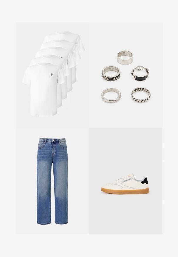 Vita bomullströjor med rund halsringning, korta ärmar, och ett litet svart emblem på bröstet. Fem tröjor visade i ett staplat arrangemang.; Ljust blå denim byxor med vida ben och ett urtvättat mönster, fem fickor och dragkedjestängning. Har en knapp och bältesloopar i midjan.; Vit låg sneaker med gummisulor, svart hälslyft, snörning framtill och "Scotch & Soda"-logotyp på sidan och hälen.; Set med fem silverringar i olika designer: slät ring, staplade ringar, tvinnad ring och en med en svart inläggning. Blandade texturer och ytor.