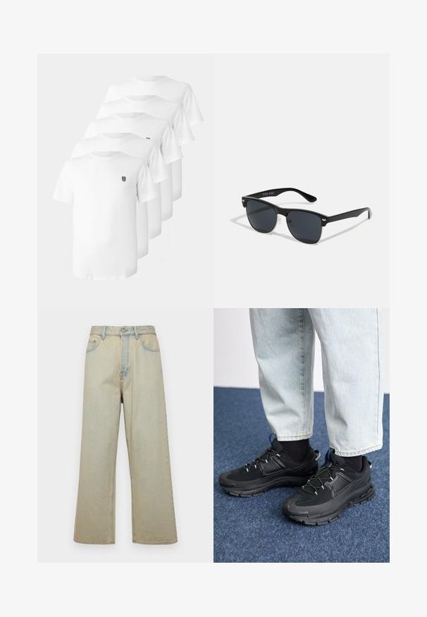 Bijele pamučne majice s okruglim izrezom, kratkim rukavima i malim crnim emblemom na prsima. Pet majica prikazanih u složenom rasporedu.; Svijetloplave traperice širokog kroja s izblijedjelim završetkom. Imaju pet džepova i zatvaranje na gumbe sprijeda.; Crne atletske cipele s teksturiranom tkaninom i gumene potplate, s elastičnim vezicama i plavim akcentom na peti. Nosene su s svijetlim trapericama.; Crne sunčane naočale pravokutnog oblika, tamne leće, srebrni detalji na sljepoočnicama i matirajuća završna obrada okvira.