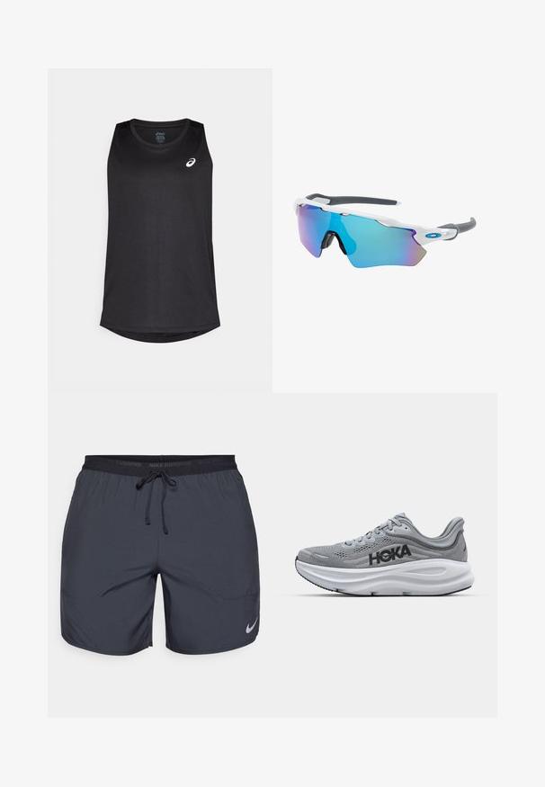 Svart ärmlös sporttopp gjord av lätt tyg, med rundad nederkant och en vit logotyp på den övre vänstra sidan.; Nike löpshorts i mörkgrått, med en elastisk midja som har dragsko och en silverlogotyp på nederdelen av högra benet.; Grå sportskor med överdel i mesh, HOKA-logotyp, vadderad mellansula och gummiyttersula. Har en böjd design och texturerade detaljer.; Solglasögon med vit ram, grå detaljer och blå spegelglas. Sportig design, omslutande form och justerbara näskuddar.