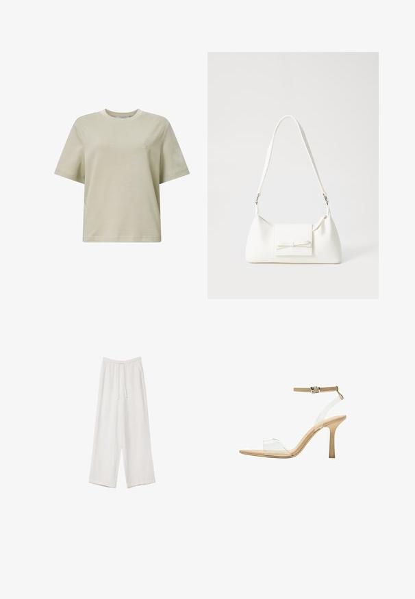 Lys beige bomulds T-shirt med korte ærmer, rund halsudskæring, afslappet pasform og lille præget logo på brystet. Glat tekstur.; Hvide bukser med bred benlængde lavet af et letvægtsstof. Har et elastisk talje med snor og sidelommer. Glat tekstur.; Klart hælet sandal med en gennemsigtig overdel, beige fodseng og en slank ankelrem. Har en spids tå og en tynd høj hæl.; Hvid syntetisk håndtaske med en trekantet form, flad forsideklap og sløjfedetalje, justerbar strop, glat tekstur og minimalistisk design.