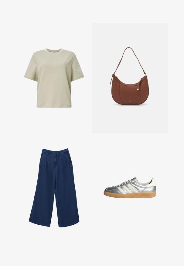 Jasno beżowa bawełniana koszulka z krótkim rękawem, okrągłym dekoltem, luźnym krojem i małym wytłoczonym logo na piersi. Gładka tekstura.; Szerokie dżinsowe spodnie w ciemnoniebieskim kolorze. Posiadają dwie przednie kieszenie, zapięcie na guzik oraz gładką fakturę z lekkiego materiału.; Srebrne sneakersy z białymi akcentami, z trzema paskami, zaokrąglonym noskiem i gumową podeszwą. Teksturowany metaliczny materiał.; Brązowa torebka na ramię z eko-skóry o zaokrąglonym kształcie, z minimalnym przeszyciem i złotym akcentem na okuciach. Posiada zamek błyskawiczny u góry oraz regulowany pasek.