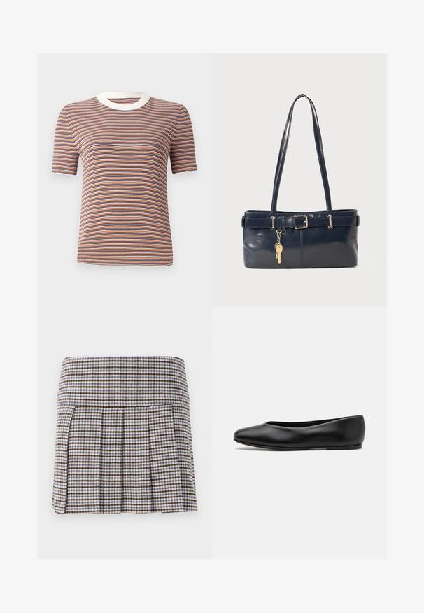 Striped short-sleeve t-shirt in orange, blue, and white. Features a ribbed texture and a white round neckline.; Pleated skirt in a brown, beige, and blue check pattern. Made of a textured fabric with a fitted waistband and decorative pleats.; Paul Smith TOPANGA - Ballet pumps - black; Navy leather handbag with two long handles, a buckle detail, and a keychain attached. Features a smooth texture and a rectangular shape.