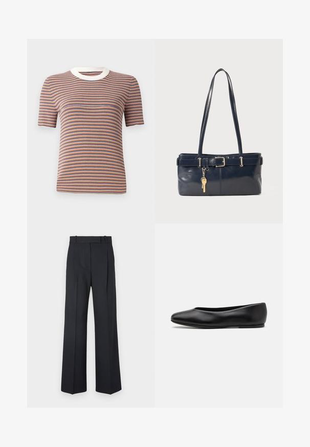 Gestreepte korte mouw T-shirt in oranje, blauw en wit. Heeft een geribbelde textuur en een witte ronde hals.; Donkerblauwe pinstriped broek met een hoge taille, wijde pijpen en zonder zichtbare hardware of versieringen. Glad textuur en nauwkeurige pasvorm.; Paul Smith TOPANGA - Ballerina's - black; Marine leren handtas met twee lange hengsels, een gespdetail en een sleutelhanger eraan bevestigd. Heeft een gladde textuur en een rechthoekige vorm.