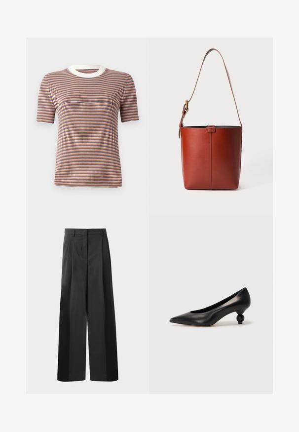 Csíkozott, rövid ujjú póló narancssárga, kék és fehér színekben. Bordázott textúrával és fehér kerek nyakkivágással rendelkezik.; Fekete, bő szárú nadrág magas derékkal, elöl plissékkel, sima felülettel és igényes kidolgozással. Kényelmes viseletre tervezve.; Fekete bőr magassarkú cipő, hegyes orral és kerek, gömbölyű sarokkal. Simább textúrával, elegáns, minimalista dizájnnal.; Barna bőr vödör táska állítható vállpánttal és aranyszínű csattal, egyszerű függőleges varrással az elején.