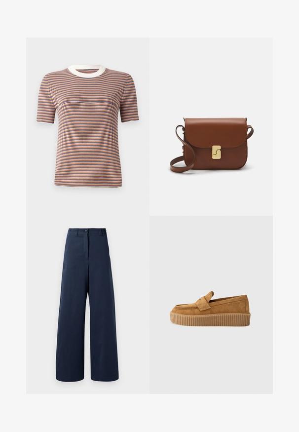 Gestreiftes, kurzärmliges T-Shirt in Orange, Blau und Weiß. Verfügt über eine gerippte Textur und einen runden, weißen Ausschnitt.; Marinefarbene, weite Hosen aus glattem Stoff mit hoher Taille, die zwei Frontknöpfe, zwei seitliche Taschen und gerade Säume aufweisen.; Brauner Wildleder-Loafer mit runder Zehenform, ausgestattet mit einer gerippten Plattformsohle und einem dekorativen Riemen über dem Obermaterial.; Braune Ledertasche mit Klappenverschluss, Beschlägen in Goldfarbe, einem Schultergurt und einer glatten Oberfläche. Kompakte rechteckige Form.