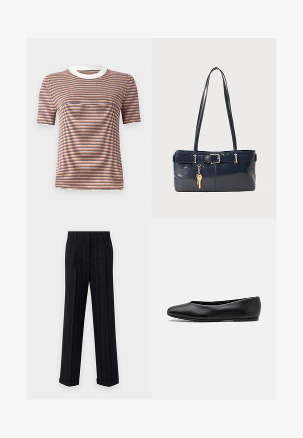 Gestreiftes, kurzärmliges T-Shirt in Orange, Blau und Weiß. Verfügt über eine gerippte Textur und einen runden, weißen Ausschnitt.; Schwarz gestreifte Hose mit tailliertem Schnitt, mit einem umgeschlagenen Saum und vorderen Falten. Hergestellt aus glattem Stoff mit einer strukturierten Gestaltung.; Paul Smith TOPANGA - Klassischer Ballerina - black; Marineblaue Lederhandtasche mit zwei langen Griffen, einer Schnallen-Detailierung und einem daran befestigten Schlüsselanhänger. Besitzt eine glatte Textur und eine rechteckige Form.