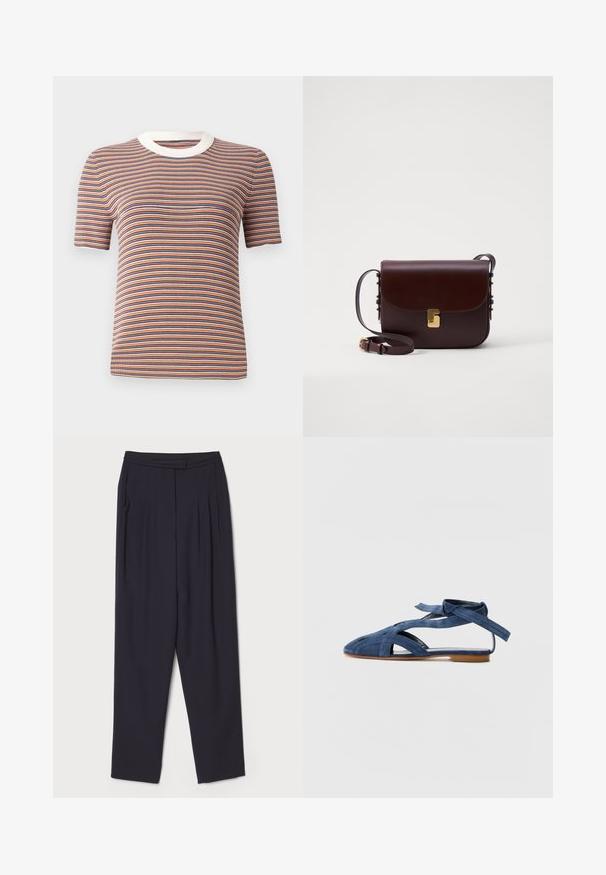 Tricou cu mânecă scurtă în dungi, de culoare portocalie, albastră și albă. Prezentă o textură ribbed și un decolteu rotund alb.; Pantaloni închisi, dintr-un material moale, cu pliuri și un design drept, având talie standard și buzunare laterale.; Emporio Armani Sandale - blue; Geantă din piele maro cu închidere cu clapetă, accesorii aurii și curea reglabilă. Dispune de o textură netedă și o formă rectangulară elegantă.