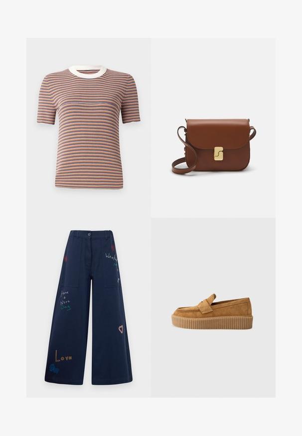 Ribadega lühikeste varrukatega T-särk oranži, sinise ja valge triibuga. Omab soonilise tekstuuri ja valget ümarat kaelust.; Tumesinine laiad püksid puuvillast mitmete taskutega. Omaduseks on värviline tikandtekst ja graafika, sealhulgas südamed ja mängulised fraasid.; Pruun nubukloafer ümmarguse varbaga, ribadega platvormi tallaga ja dekoratiivse rihmaga ülevalt.; Pruunist nahast käekott, millel on klapiga sulgur, kuldne riistvara, õlarihm ja sile tekstuur. Kompaktne ristkülikukujuline vorm.