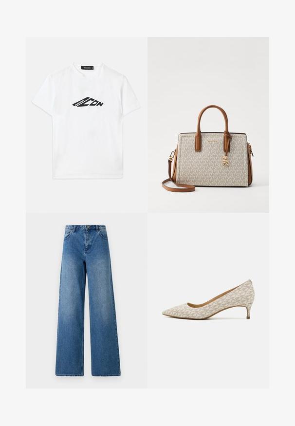 Witte katoenen t-shirt met een zwart logo op de voorkant. Klassieke ronde halslijn en korte mouwen met een ontspannen pasvorm.; Wijduitlopende jeans van blauwe denim. Heeft een hoge taille, vijf zakken en een sluiting met een knoop aan de voorkant. Glad textuur met lichte vervaging.; Hakken met spitse neus in beige stof met een geometrisch patroon, met een lage hak en een slank silhouet. Gladde textuur en minimale accenten.; Beige handtas met bruine leren accenten, voorzien van een logo-patroon, bovenhandvatten, een afneembare schouderband en gouden hardware.