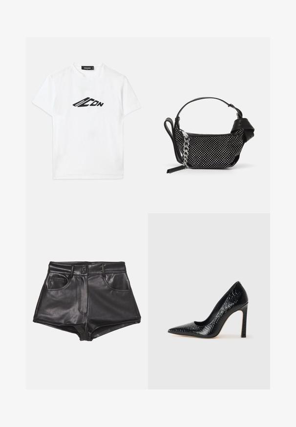 White cotton t-shirt featuring a black logo print on the front. Classic crew neckline and short sleeves with a relaxed fit.; Black faux leather shorts with a high waist, featuring two front pockets, visible stitching, and a smooth texture.; Black pointed-toe high heel shoe with a crocodile-skin texture, featuring a sleek design, high stiletto heel, and smooth black interior.; Black handbag with a textured design, adorned with silver studs and a chunky silver chain strap. Features a sleek, minimalist shape.