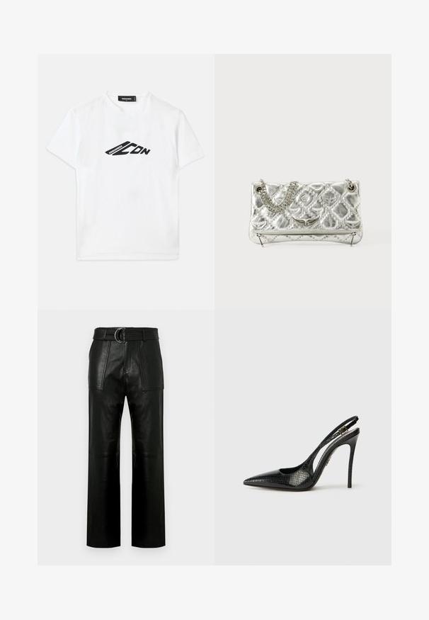 White cotton t-shirt featuring a black logo print on the front. Classic crew neckline and short sleeves with a relaxed fit.; High-waist black leather pants with wide legs, large front patch pockets, and a matching belt with double-ring buckle.; Black slingback pump with a pointed toe, textured snake pattern, stiletto heel, and a decorative buckle on the strap.; Silver metallic handbag with chain handle, quilted texture, decorative stitching, and a zip closure. Features embossed accents on the front.