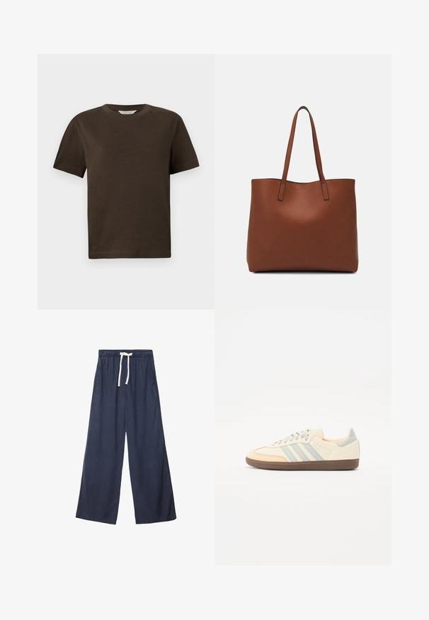 Tmavě hnědé bavlněné tričko s kulatým výstřihem, krátkými rukávy a volným střihem. Jednoduchý design bez viditelných vzorů nebo akcentů.; Námořnické modré kalhoty s širokými nohavicemi vyrobené z měkké, texturované látky. Mají elastický pás s tkaničkami a boční kapsy.; Tenisky s krémovým koženým svrškem, světle modrými pruhy a broskvovými akcenty. Mají strukturovanou hnědou gumovou podrážku a minimalistický design.; Hnědá kožená taška přes rameno s hladkou texturou, otevřeným designem a dvěma ramenními popruhy. Obsahuje minimální švy a žádné viditelné kovové prvky.