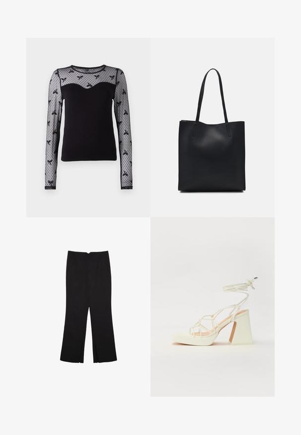 Czarny top z długim rękawem, dopasowany w talii, z przezroczystymi koronkowymi rękawami w kwiatowy wzór oraz dekoltem w kształcie serca. Wykonany z miękkiego materiału dla wygody.; Czarne spodnie o prostym kroju, z przednimi kieszeniami i bocznymi rozcięciami na dole. Wykonane z miękkiego, gładkiego materiału. Odpowiednie na różne okazje.; Biała sandał na wysokim obcasie z masywnym słupkiem, z paskowym wzorem i wiązaniem przy kostce. Gładka faktura z platformą z przodu dla dodatkowej wysokości.; Czarna skórzana torba tote o gładkiej fakturze, prostokątnym kształcie i dwóch długich uchwytach. Brak widocznych elementów metalowych i ozdób.