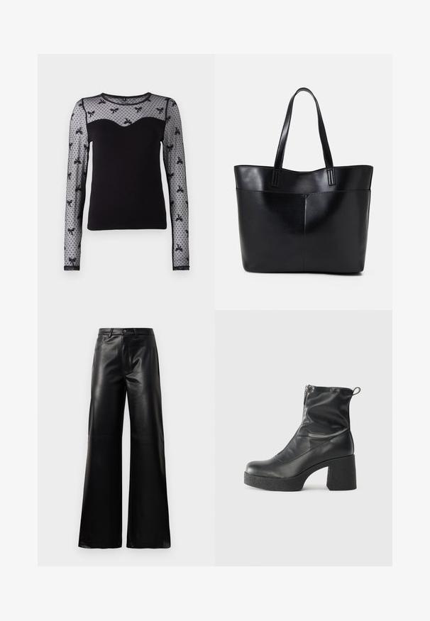 Svart langermet topp med figurvennlig passform, gjennomsiktige blonder med blomsterdesign på ermet, og hjerteformet utringning. Laget av myk stoff for komfort.; Sorte høy midje vide ben bukser i imitert skinn med knapp foran, glidelås, beltehemper og sidelommer på hvit bakgrunn.; Svarte ankelstøvler laget av glatt lær, med glidelås på siden, chunky strukturert hæl, og rund tå-design.; Svart lær toteveske med to lange håndtak, en glatt tekstur og en strukturert form. Har en frontlomme for ekstra oppbevaring.