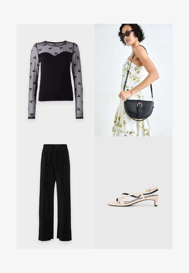 Black long-sleeve top featuring a fitted body, sheer floral lace sleeves, and a sweetheart neckline. Made of soft fabric for comfort.; Black pleated trousers with an elastic waistband. Features wide legs and a smooth, textured fabric with vertical stripes.; Beige leather slingback sandal with crisscross straps, low heel, and black accents. Smooth texture and minimalistic design.; Black leather handbag with a curved shape, detachable strap, and gold hardware. The bag features a flap with a buckle detail.