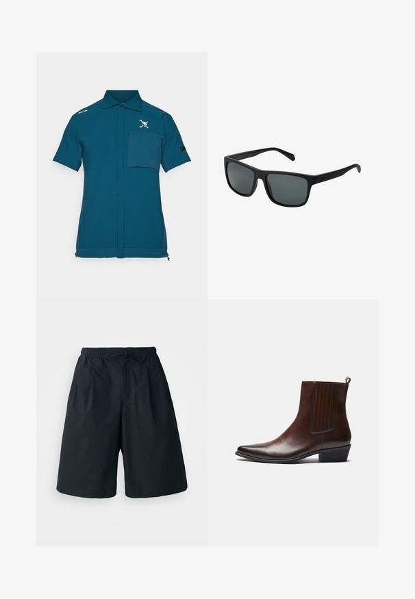 Srajca s kratkimi rokavi v teal barvi, izdelana iz gladkega materiala, z sprednjim žepom, gumbom za zapiranje in izvezenim logotipom na prsih.; Svetlo modra srajca z dolgimi rokavi, gumbom na vrhu in s koničastim ovratnikom, enojno žepno reso in belih gumbih. Gladek material, krojena prileganje.; Črne kratke hlače z elastičnim pasom in nastavljivim vrvico. Narejene iz gladkega materiala, z ohlapnim krojem in brez vidnih vzorcev.; Rjave usnjene gležnjarje s koničastim prstom, elastičnimi stranskimi paneli, teksturiranimi detajli spredaj in nizkim zloženim petami.; Polaroid Sončna očala - matt black; Srebrna kovinska ročna ura s kvadratnim ohišjem, belim številčnikom, rimskimi številkami in srebrnim povezovalnim pasom. Ima zasnovo, odporne na vodo.