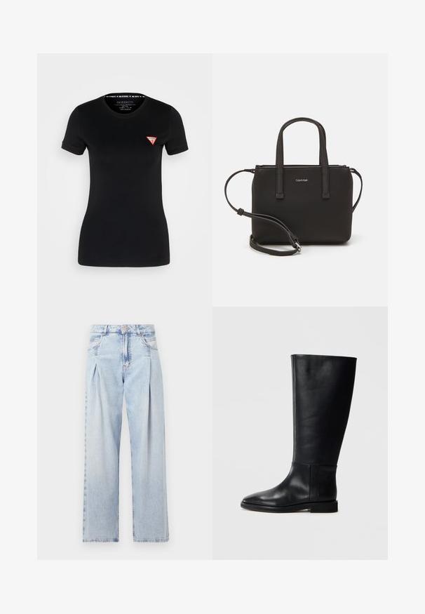 Czarny t-shirt z krótkim rękawem wykonany z bawełny, z małym czerwonym trójkątnym logo na lewej piersi i standardowym okrągłym dekoltem.; Jasnoniebieskie dżinsy z wysokim stanem, szerokimi nogawkami, dwoma bocznymi kieszeniami oraz plisowanym wzorem. Miękka tekstura z wyblakłym wykończeniem.; Czarne skórzane kozaki za kolano z zaokrąglonym noskiem, gładką teksturą, minimalistycznym designem i płaską podeszwą. Proste detale szwów na cholewie.; Czarna torebka z dwoma krótkimi uchwytami i odpinanym paskiem na ramię. Gładki materiał przypominający skórę, z zamkiem błyskawicznym i detalem z logo.