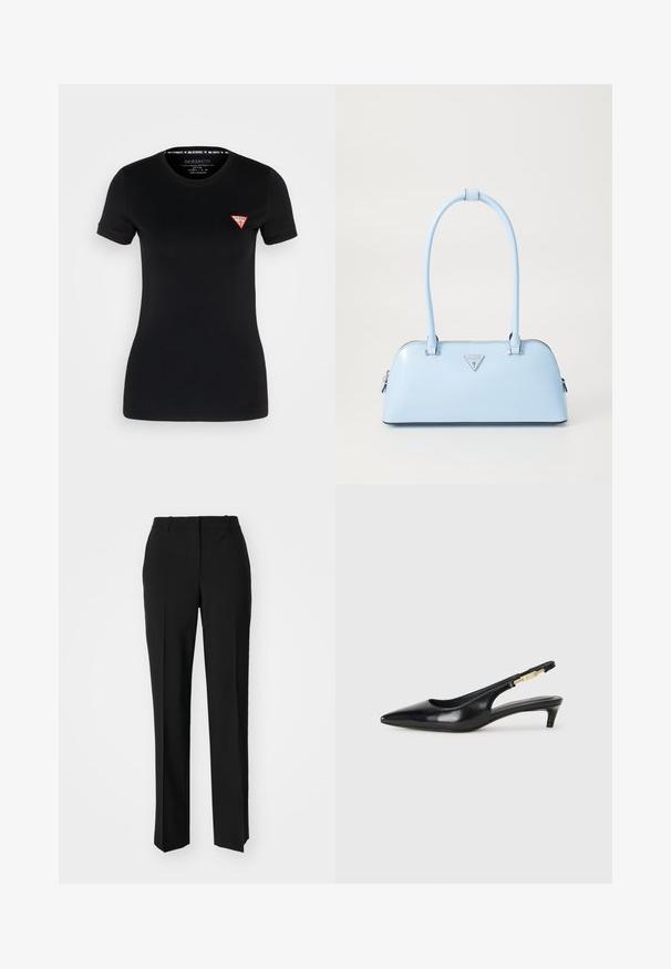 Svart kortärmad t-shirt i bomull, med en liten röd triangulär logotyp på vänster bröstparti och en standard rundringad hals.; Svarta skräddarsydda byxor med rak benform, med en slät yta och skarpa veck fram. Ingen synlig hårdvara.; Svart läder slingback-hälar med spetsig tå, med en smal klack och en guldtonad detalj på den justerbara remmen. Slät textur.; Ljusblå handväska med en strukturerad form, slät lädermaterial, två handtag och en triangulär logotyp framtill. Dragkedjestängning.